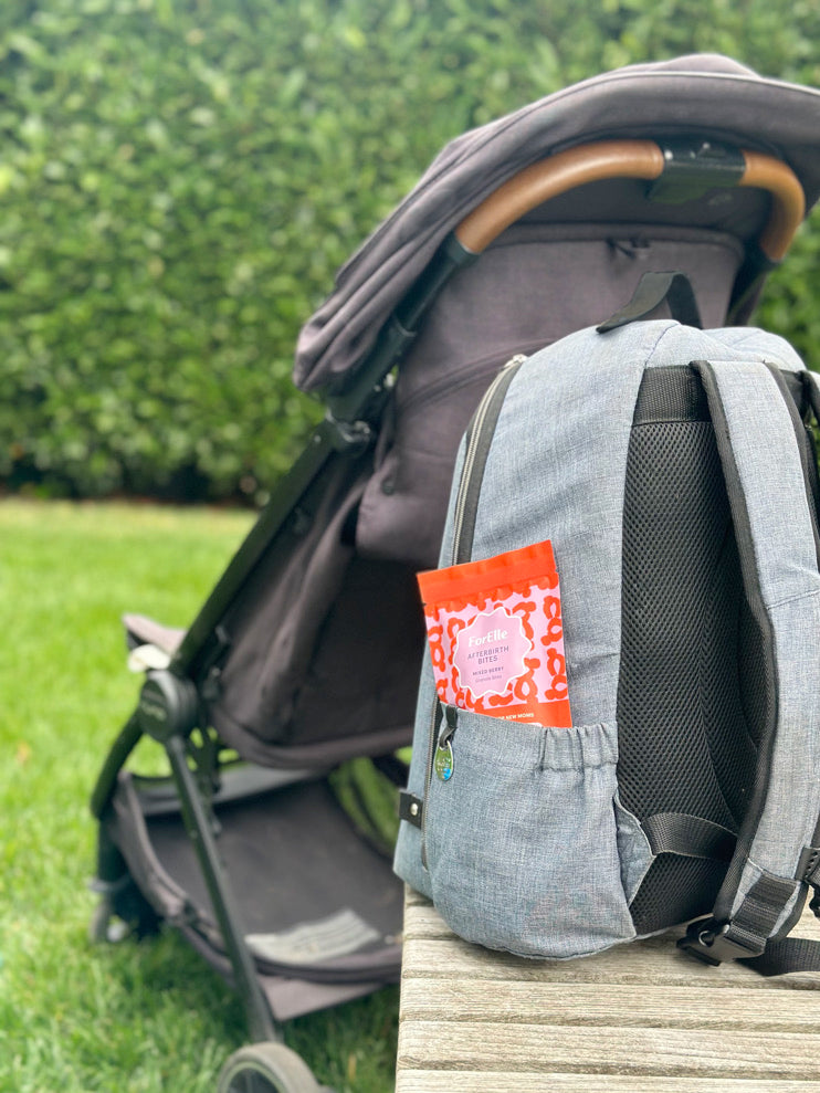 Mom taking ForElle Early Motherhood Bites on the go in her diaper bag